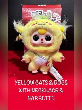 Yellow Fuzzy Cat & Dogs Baby 3 with Bunny Necklace & Barrette Confirmed